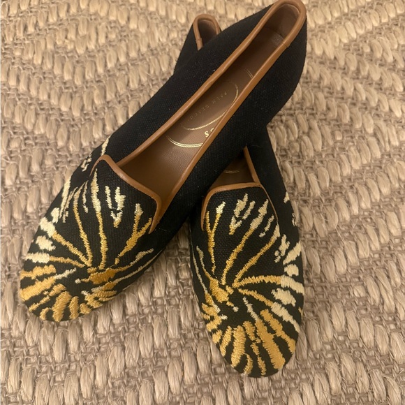 Stubbs & Wooton Black Linen Loafer with Gold Design
